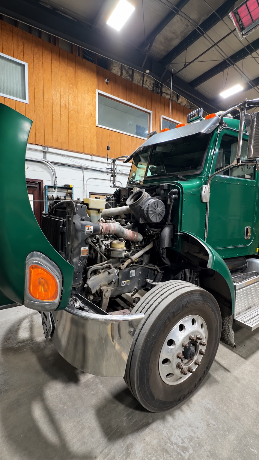 Green heavy-duty diesel truck with hood open for service